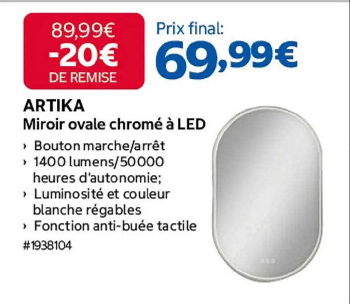 ARTIKA Miroir ovale chromé à LED