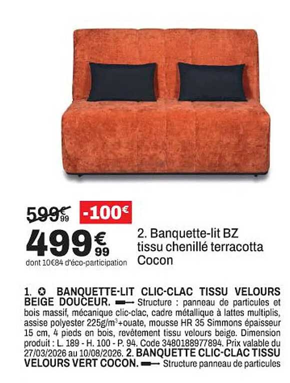 Banquette-lit BZ tissu chenillé terracotta Cocon