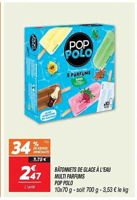 BÂTONNETS DE GLACE À L'EAU MULTI PARFUMS POP POLO 10x70 g - soit 700 g - 3,53 € le kg