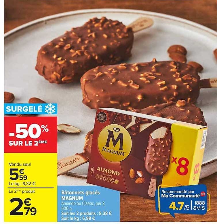 Bâtonnets glacés MAGNUM Amande ou Classic, par 8, 600 g