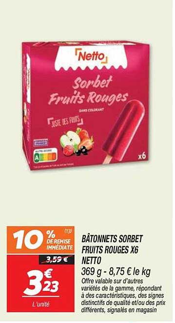 BÂTONNETS SORBET FRUITS ROUGES X6 NETTO