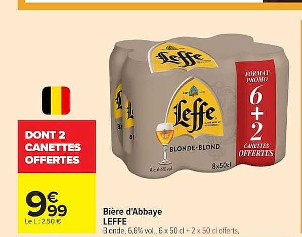 Biére d'Abbaye LEFFE Blonde, 6,6% vol., 6 x 50 cl + 2 x 50 cl offerts.