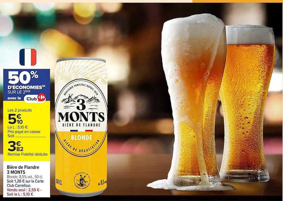 Bière de Flandre 3 MONTS Blonde, 8,5% vol., 50 cl. Soit 1,28 € sur La Carte Club Carrefour.