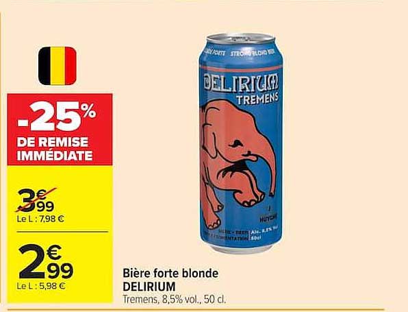 Bière forte blonde DELIRIUM Tremens, 8,5% vol., 50 cl.