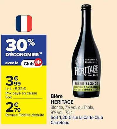 Bière HERITAGE Blonde, 7% vol. ou Triple, 9% vol., 75 cl
