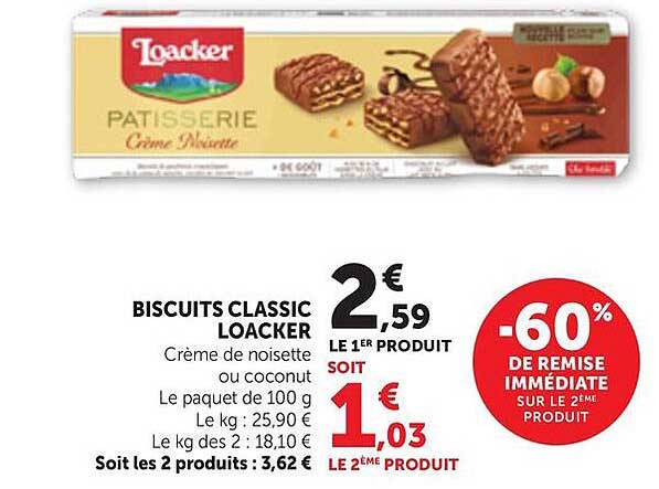 BISCUITS CLASSIC LOACKER Crème de noisette ou coconut