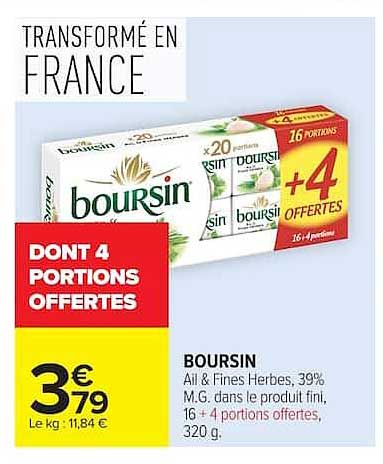 BOURSIN Ail & Fines Herbes, 39% M.G. dans le produit fini, 16 + 4 portions offertes, 320 g.