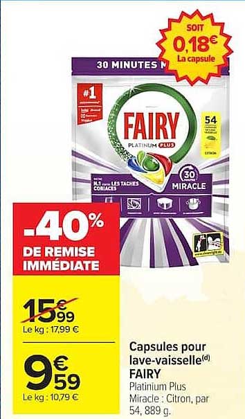 Capsules pour lave-vaisselle FAIRY Platinum Plus Miracle Citron, par 54, 889 g
