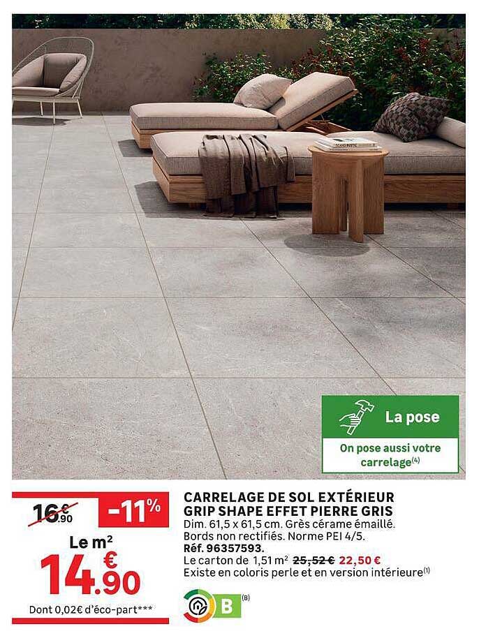 CARRELAGE DE SOL EXTÉRIEUR GRIP SHAPE EFFET PIERRE GRIS