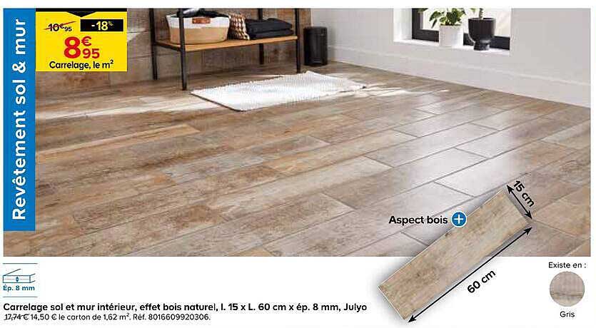 Carrelage sol et mur intérieur, effet bois naturel, l 15 x L 60 cm x ép. 8 mm, Julyo