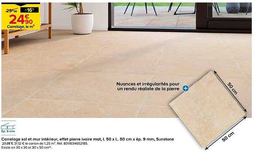 Carrelage sol et mur intérieur, effet pierre ivoire mat, l. 50 x L. 50 cm x ép. 9 mm, Sunstone