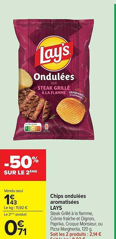 Chips ondulées aromatisées LAYS Steak Grillé à la flamme, Crème fraîche et Oignon, Paprika, Croque Monsieur, ou Pizza Margherita, 120 g.
