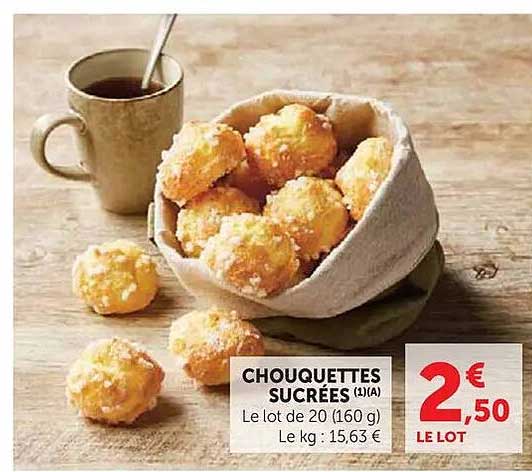 CHOUQUETTES SUCRÉES (1)(A) Le lot de 20 (160 g) Le kg : 15,63 €