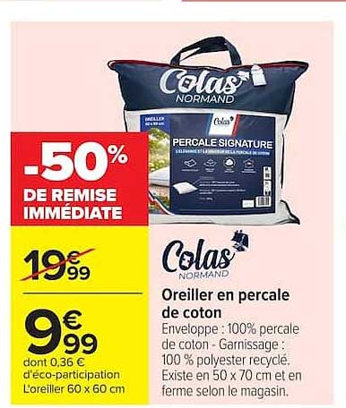 Colas Normand Oreiller en percale de coton