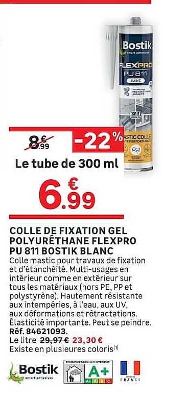 COLLE DE FIXATION GEL POLYURÉTHANE FLEXPRO PU 811 BOSTIK BLANC