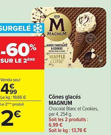 Cônes glacés MAGNUM Chocolat Blanc et Cookies, par 4, 254 g. Soit les 2 produits : 6,99 € Soit le kg : 13,76 €