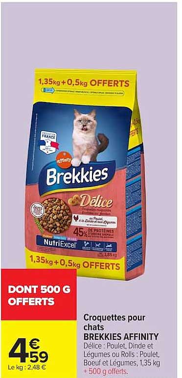 Croquettes pour chats BREKKIES AFFINITY Délice : Poulet, Dinde et Légumes ou Rôles : Poulet, Boeuf et Légumes, 1,35 kg + 500 g offerts