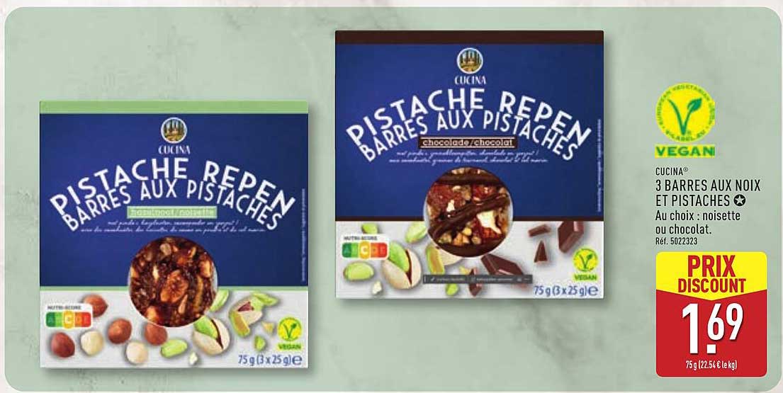CUCINA® 3 BARRES AUX NOIX ET PISTACHES • Au choix : noisette ou chocolat.