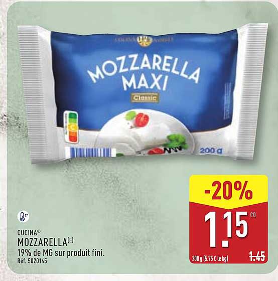 CUCINA® MOZZARELLA(E) 19% de MG sur produit fini.