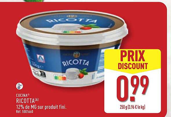 CUCINA RICOTTA(A) 12% de MG sur produit fini. Réf. 5001660