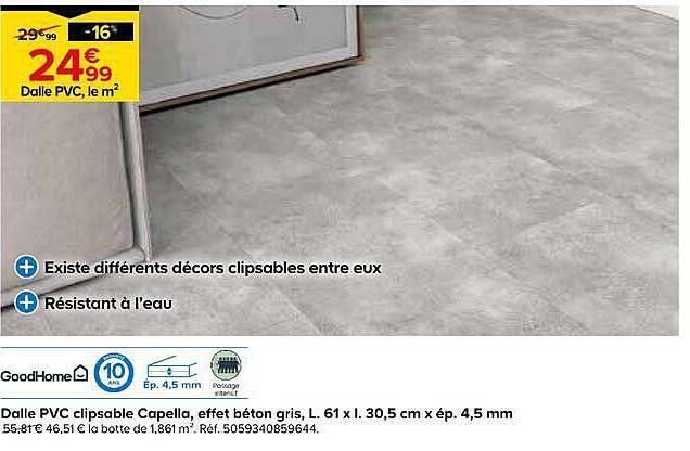 Dalle PVC clipsable Capella, effet béton gris, L. 61 x l. 30,5 cm x ép. 4,5 mm