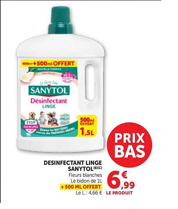 DESINFECTANT LINGE SANYTOL(B)(C) Fleurs blanches Le bidon de 1L +500 ML OFFERT