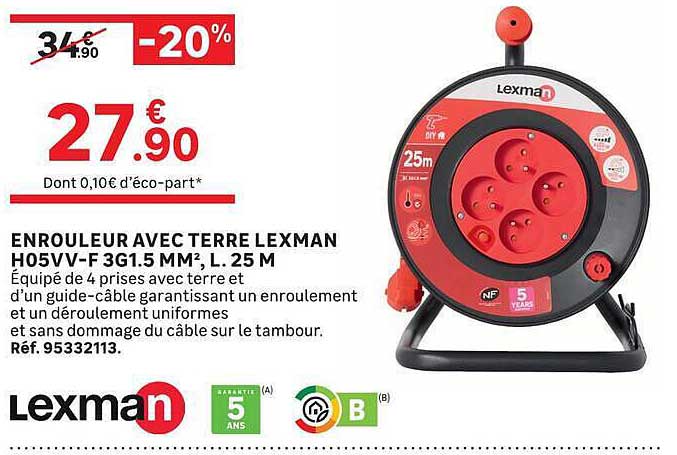 ENROULEUR AVEC TERRE LEXMAN H05VV-F 3G1.5 MM², L. 25 M
