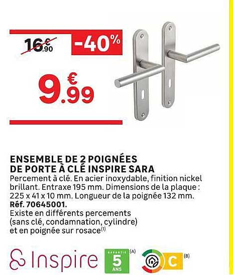 ENSEMBLE DE 2 POIGNÉES DE PORTE À CLÉ INSPIRE SARA