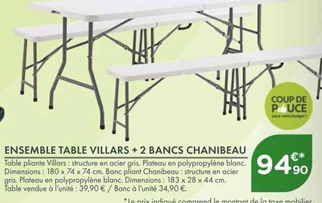 ENSEMBLE TABLE VILLARS + 2 BANCS CHANIBEAU