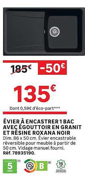 ÉVIER À ENCASTRER 1 BAC AVEC ÉGOUTTOIR EN GRANIT ET RÉSINE RÉSINA NOIR