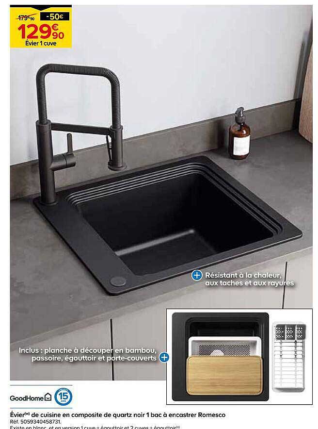 Évier(w) de cuisine en composite de quartz noir 1 bac à encastrer Romesco