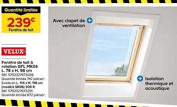 Fenêtre de toit à rotation GFL MK04 L. 78 x H. 98 cm