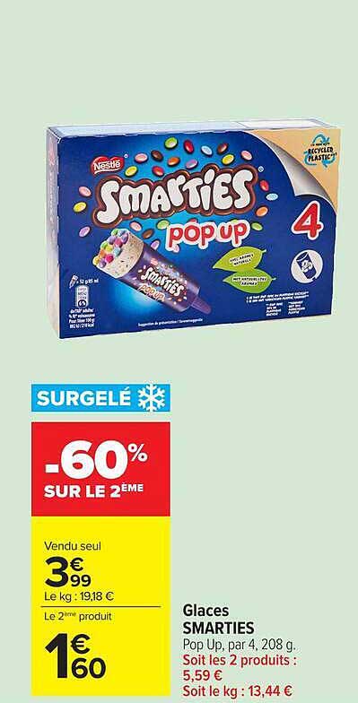 Glaces SMARTIES Pop Up, par 4, 208 g. Soit les 2 produits : 5,59 €
