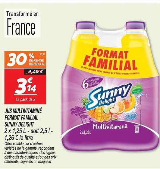 JUS MULTIVITAMINÉ FORMAT FAMILIAL SUNNY DELIGHT 2 x 1,25 L - soit 2,5 l - 1,26 € le litre