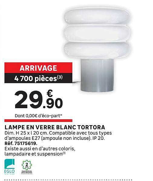 LAMPE EN VERRE BLANC TORTORA