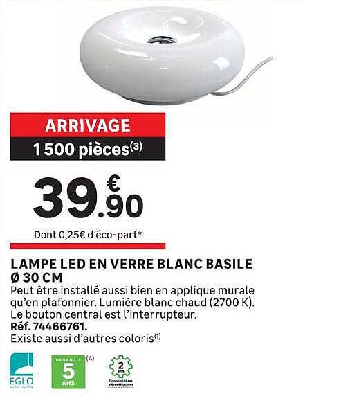LAMPE LED EN VERRE BLANC BASILE Ø 30 CM