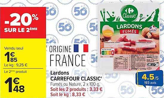 Lardons Carrefour Classic' Fumés au Naturel, 2 x 100 g.
