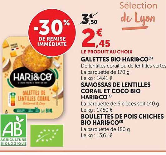 LE PRODUIT AU CHOIX GALLETTES BIO HARI&CO SAMOSSAS DE LENTILLES CORAIL ET COCO BIO HARI&CO BOULETTES DE POIS CHICHES BIO HARI&CO