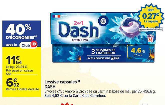 Lessive capsules DASH Envolée d’Air, Ambre & Orchidée ou Jasmin & Rose de mai, par 26, 496,6 g