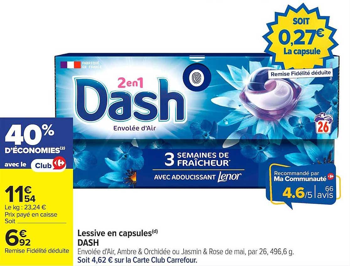 Lessive en capsules DASH Envolée d’Air, Ambre & Orchidée ou Jasmin & Rose de mai, par 26, 496,6 g.
