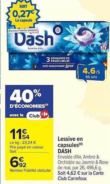Lessive en capsules DASH Envolée d’Air, Ambre & Orchidée ou Jasmin & Rose de mai, par 26, 496,6 g.
