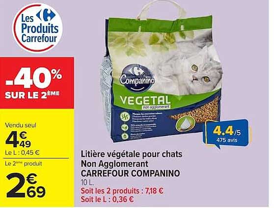 Litière végétale pour chats Non Agglomerant CARREFOUR COMPANINO