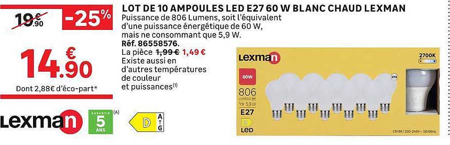 LOT DE 10 AMPOULES LED E27 60 W BLANC CHAUD LEXMAN