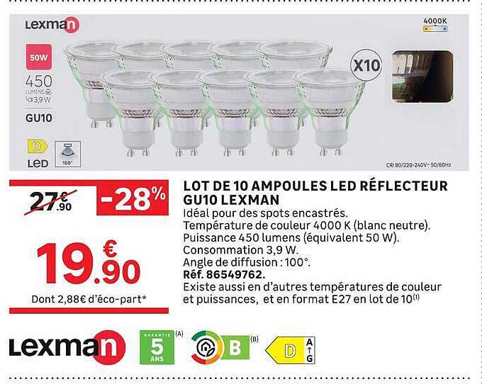 LOT DE 10 AMPOULES LED RÉFLECTEUR GU10 LEXMAN