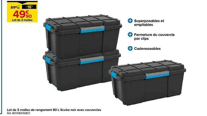 Lot de 3 malles de rangement 80 L Scuba noir avec couvercles