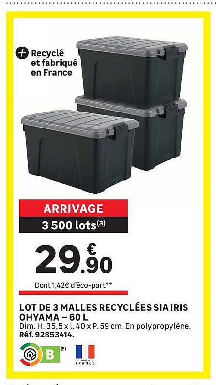 LOT DE 3 MALLES RECYCLÉES SIA IRIS OHYAMA – 60 L