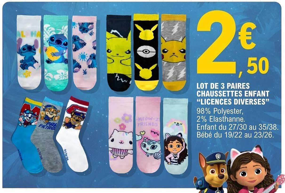 LOT DE 3 PAIRES CHAUSSETTES ENFANT “LICENCES DIVERSES”