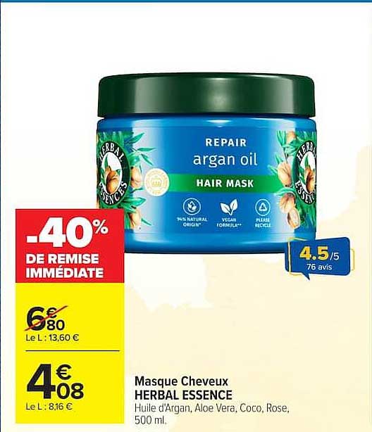 Masque Cheveux HERBAL ESSENCE Huile d'Argan, Aloe Vera, Coco, Rose, 500 ml.