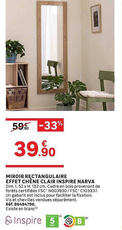 MIROIR RECTANGULAIRE EFFET CHÊNE CLAIR INSPIRE NARVA
