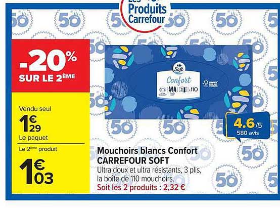 Mouchoirs blancs Confort CARREFOUR SOFT